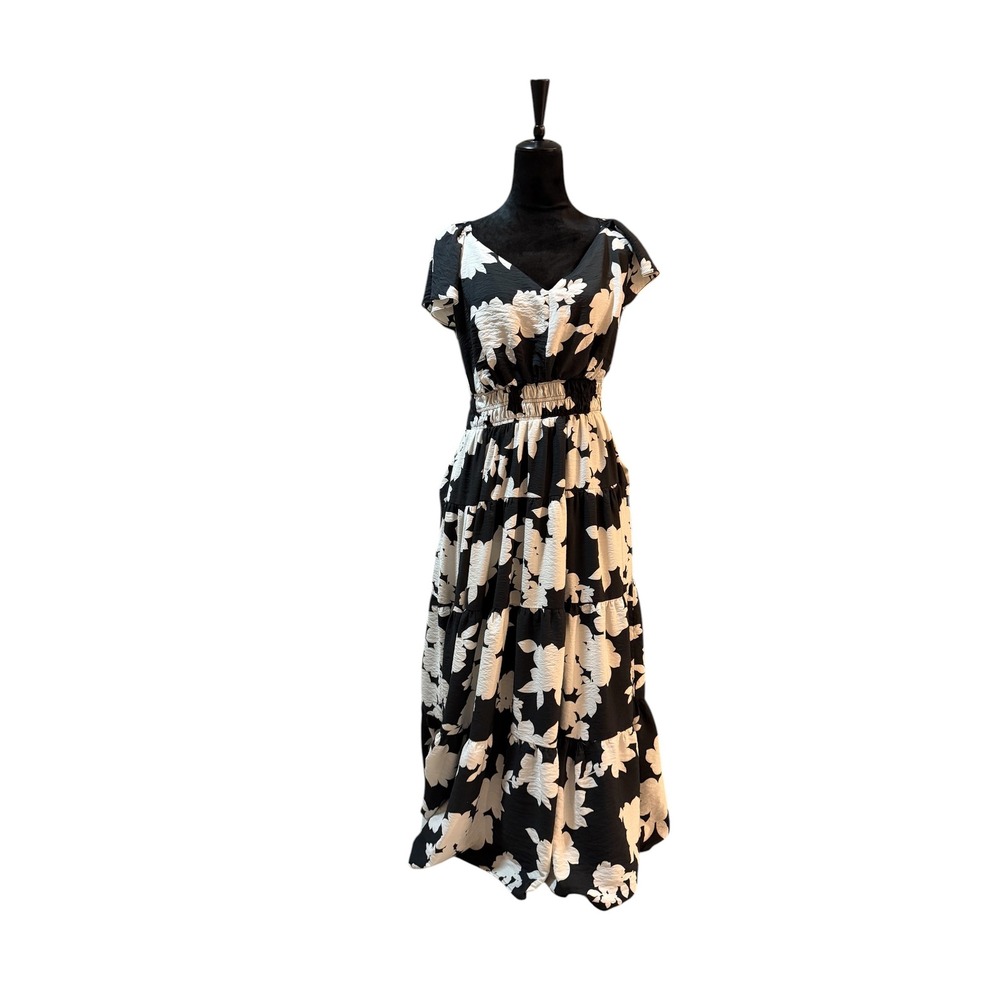 Rachel Zoe Floral Maxi Dress Black White Smocked Tiered Pockets XL Short Sleeve